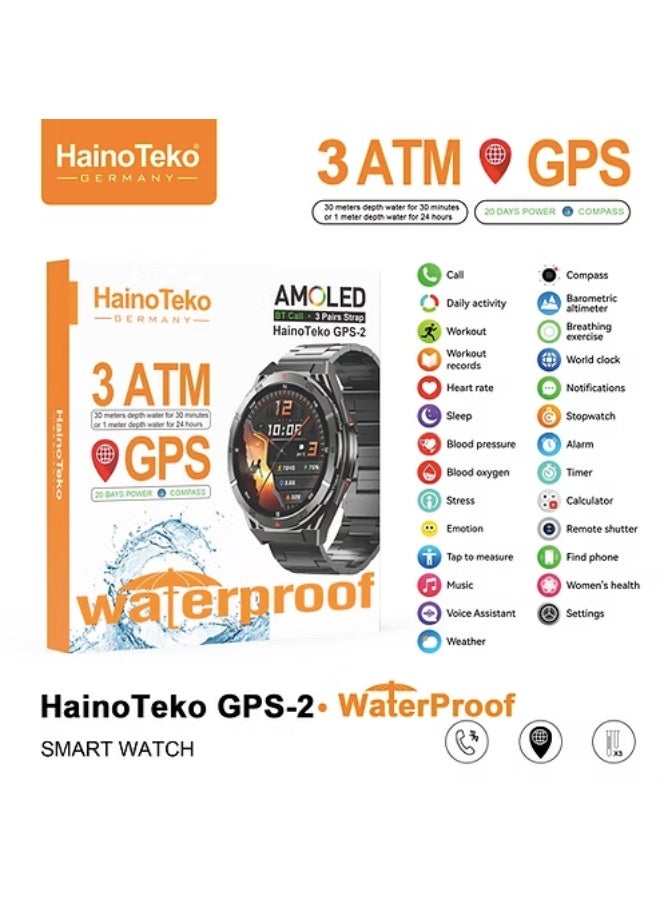 HainoTeko Germany HainoTeko GPS 2 Waterproof Best Smartwatch with AMOLED Display 3 ATM 3 Pair Straps - Image 1